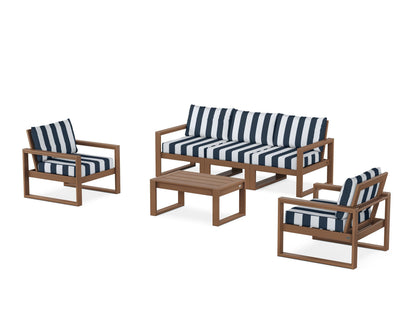 POLYWOOD® EDGE Sectional 4-Piece Deep Seating Set with Sofa in Teak / Cabana Stripe Marine Indigo
