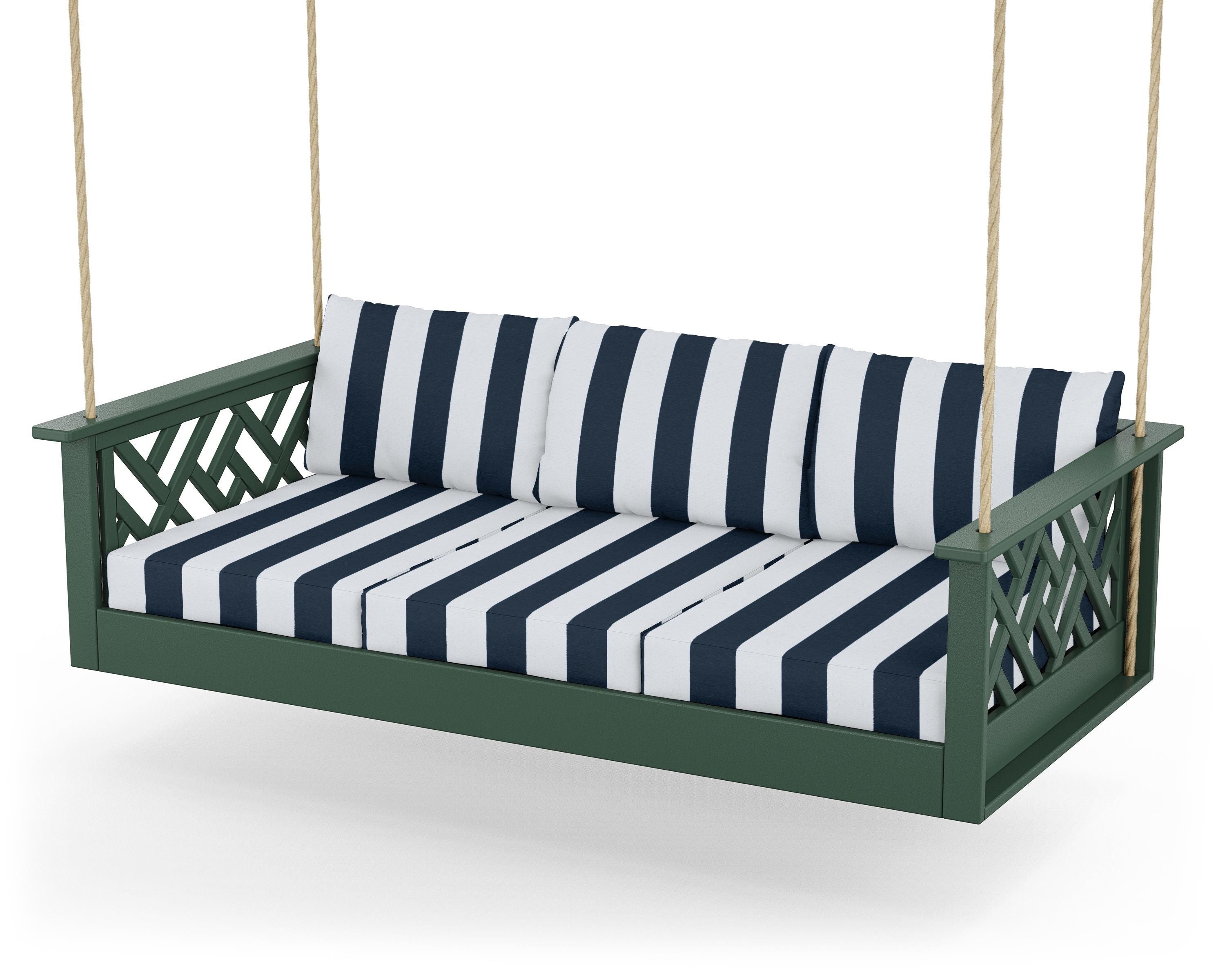POLYWOOD® Chippendale Daybed Swing in Green / Cabana Stripe Marine Indigo