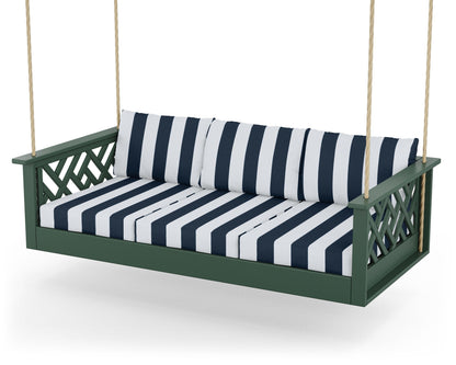 POLYWOOD® Chippendale Daybed Swing in Green / Cabana Stripe Marine Indigo