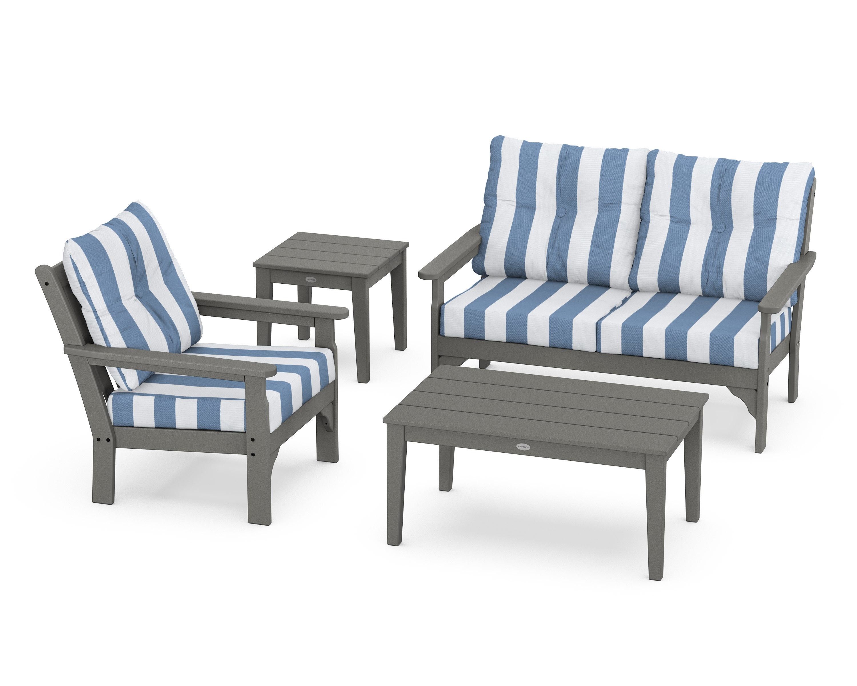 POLYWOOD® Vineyard 4-Piece Deep Seating Set in Slate Grey / Cabana Stripe Sky Blue