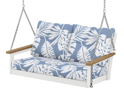 POLYWOOD® Vineyard Deep Seating Swing in White / Natural / Leaf Sky Blue