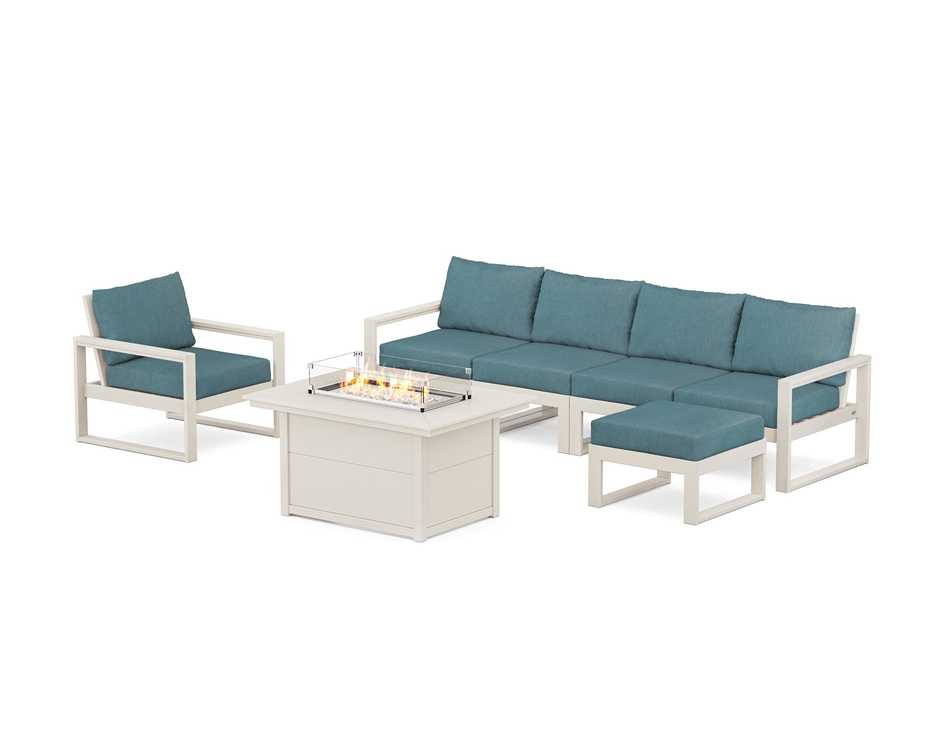 POLYWOOD® EDGE Sectional Lounge and Fire Pit Set in Sand / Ocean Teal