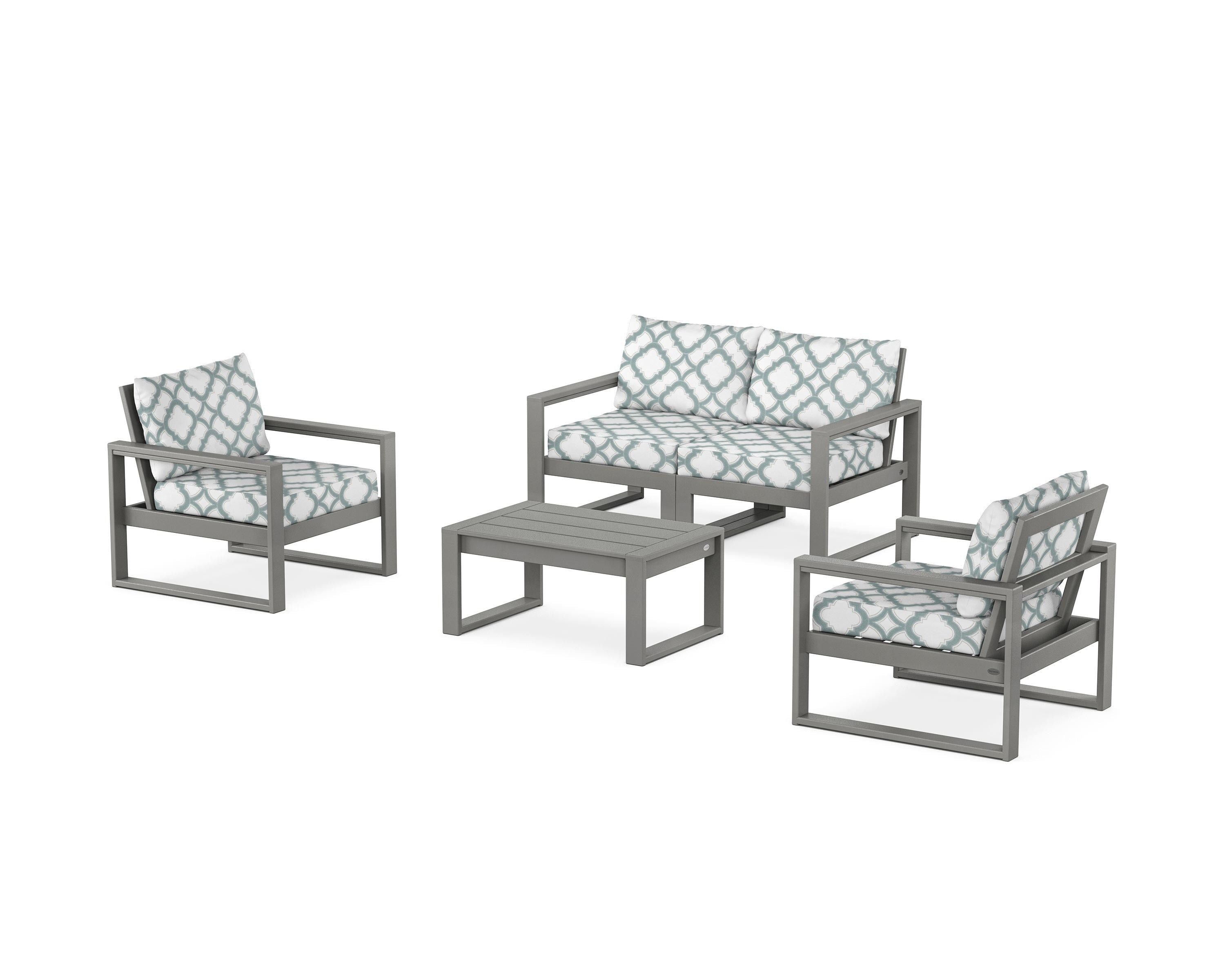 POLYWOOD® EDGE Sectional 4-Piece Deep Seating Set with Loveseat in Slate Grey / Trellis Glacier Spa