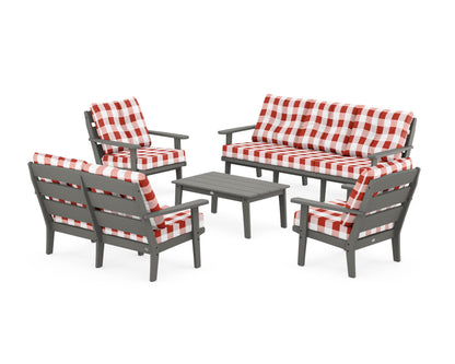 POLYWOOD® Lakeside 5-Piece Lounge Sofa Set in Slate Grey / Buffalo Plaid Crimson