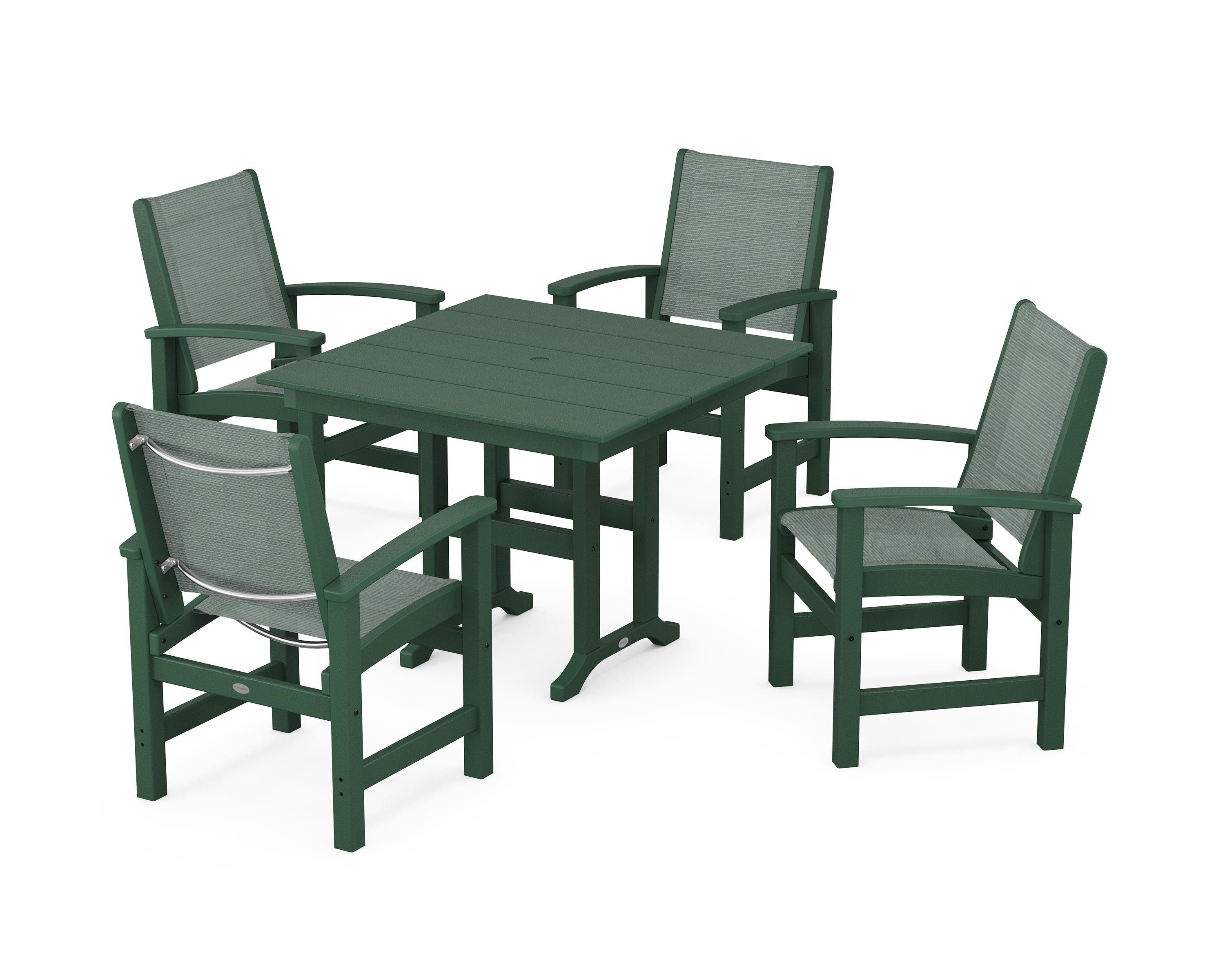 POLYWOOD® Coastal 5-Piece Farmhouse Dining Set in Green / Dupioni Sea Mist Sling