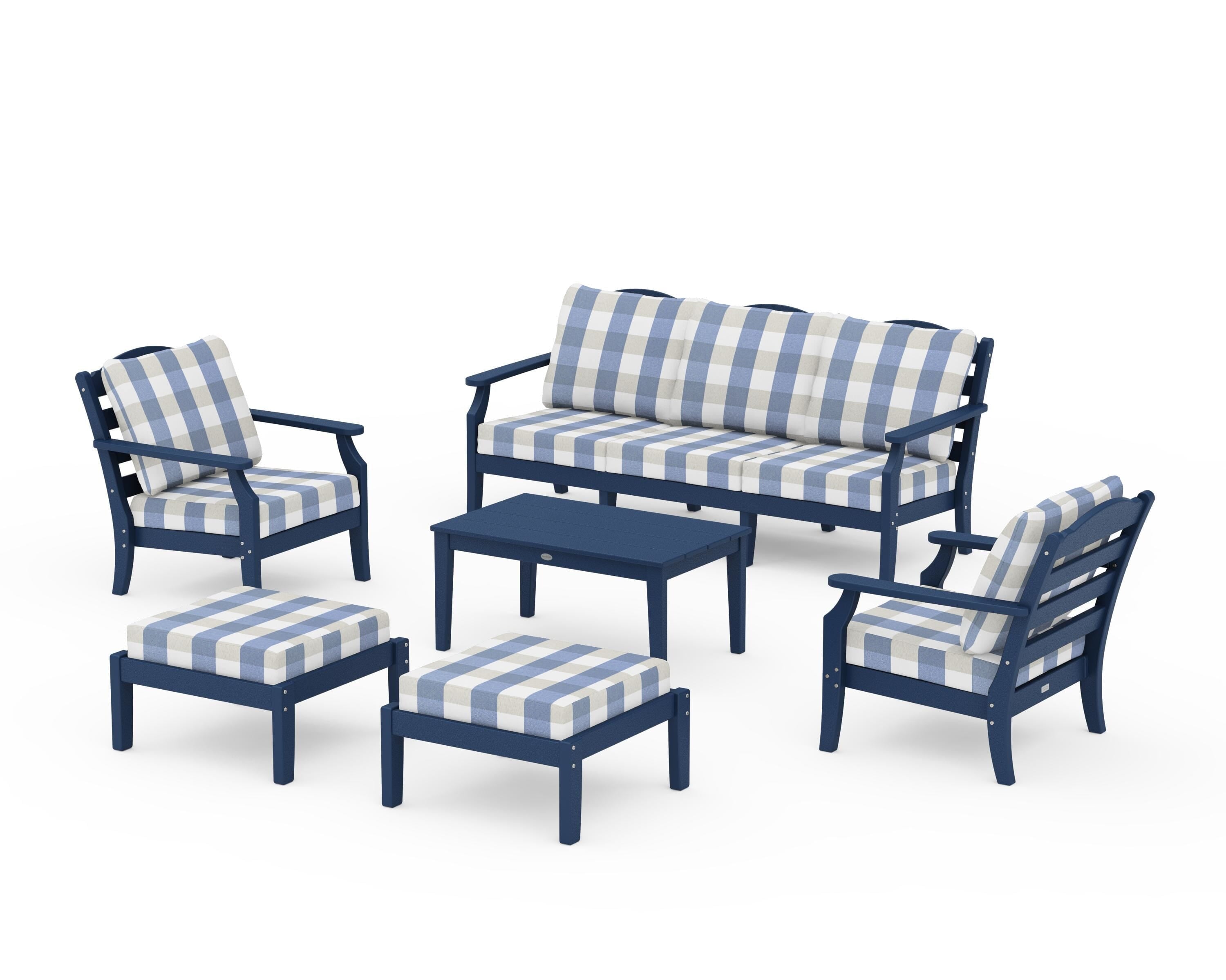 Draper James™ by  POLYWOOD® Savannah 6-Piece Lounge Sofa Set in Navy / Buffalo Plaid Sky Blue