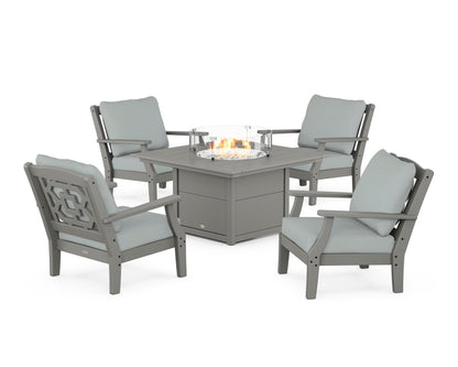 Martha Stewart by POLYWOOD® Chinoiserie 5-Piece Deep Seating Set with Fire Pit Table in Slate Grey / Spa
