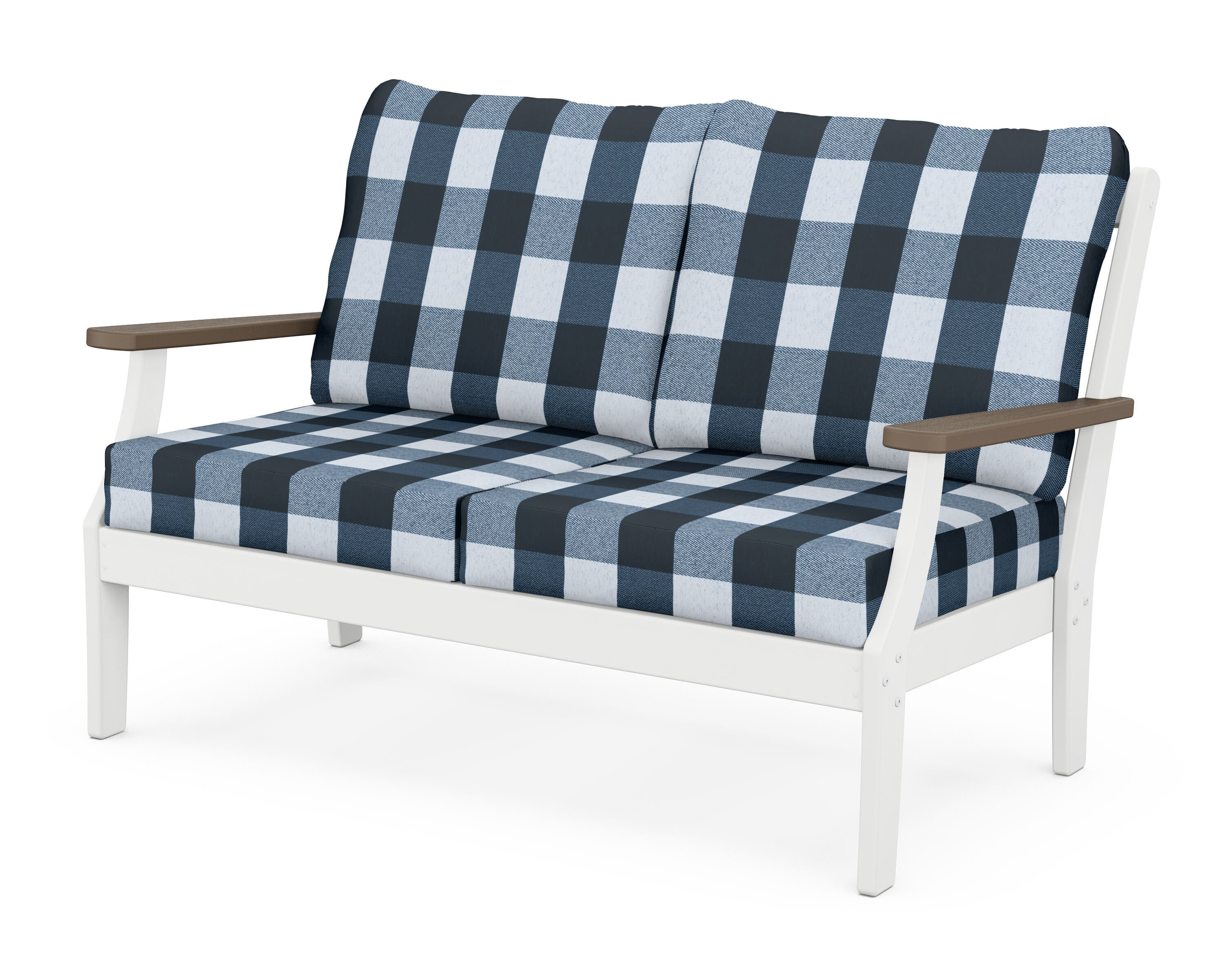 POLYWOOD® Braxton Deep Seating Loveseat in White / Kona / Buffalo Plaid Marine Indigo