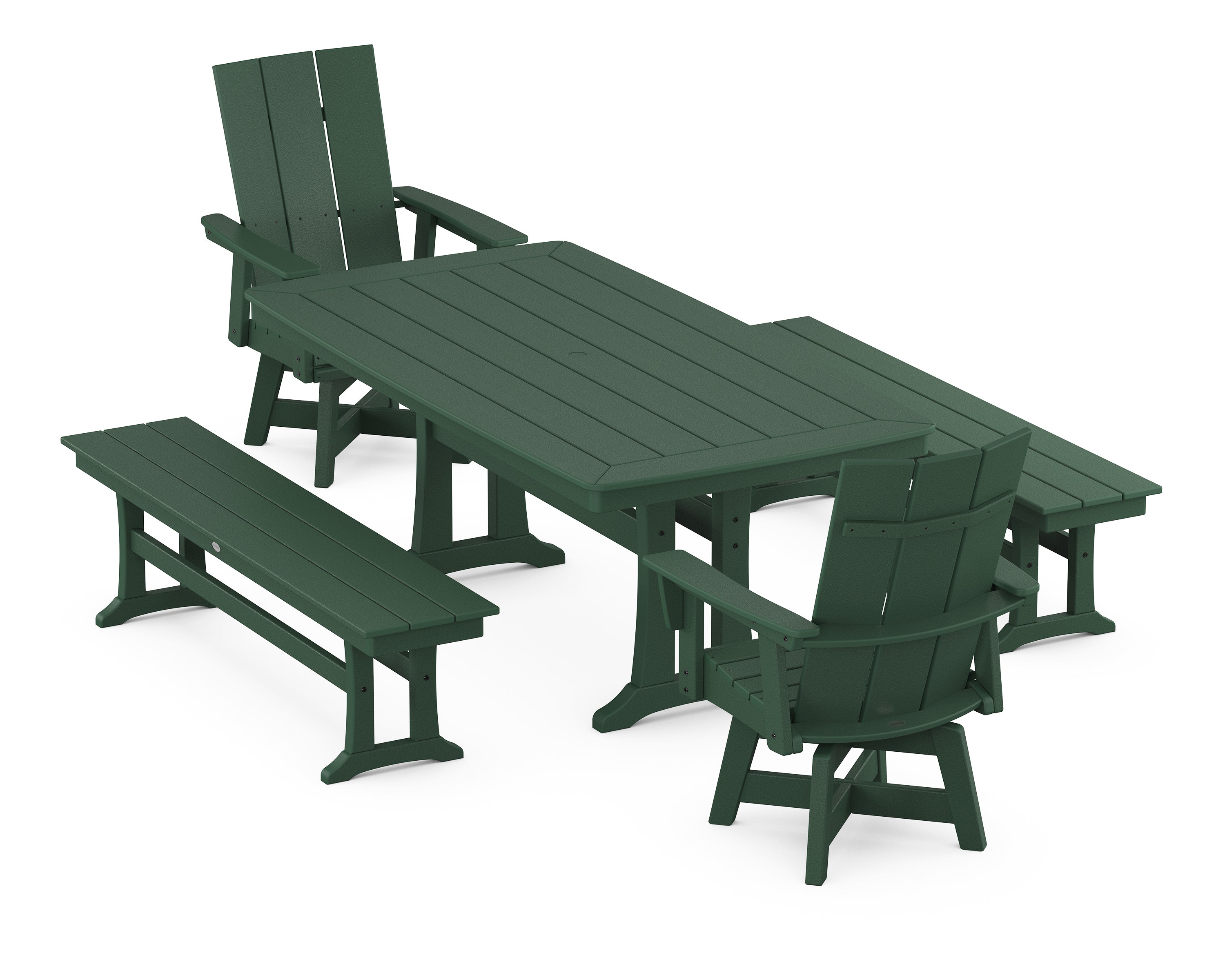 POLYWOOD® Modern Curveback Adirondack Swivel Chair 5-Piece Dining Set with Trestle Legs and Benches in Green