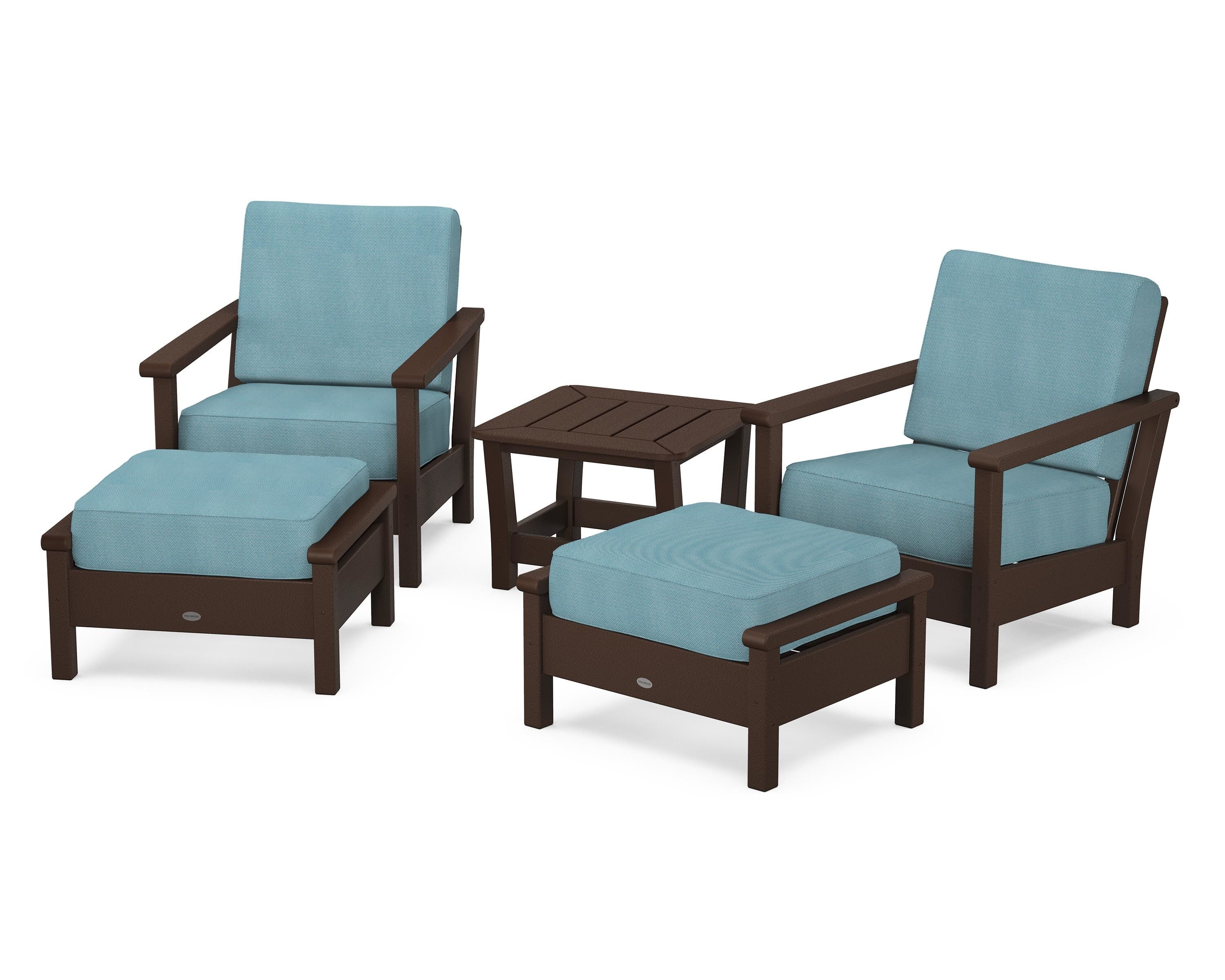 POLYWOOD® Harbour 5-Piece Deep Seating Chair Set in Mahogany / Lattice Sky Blue