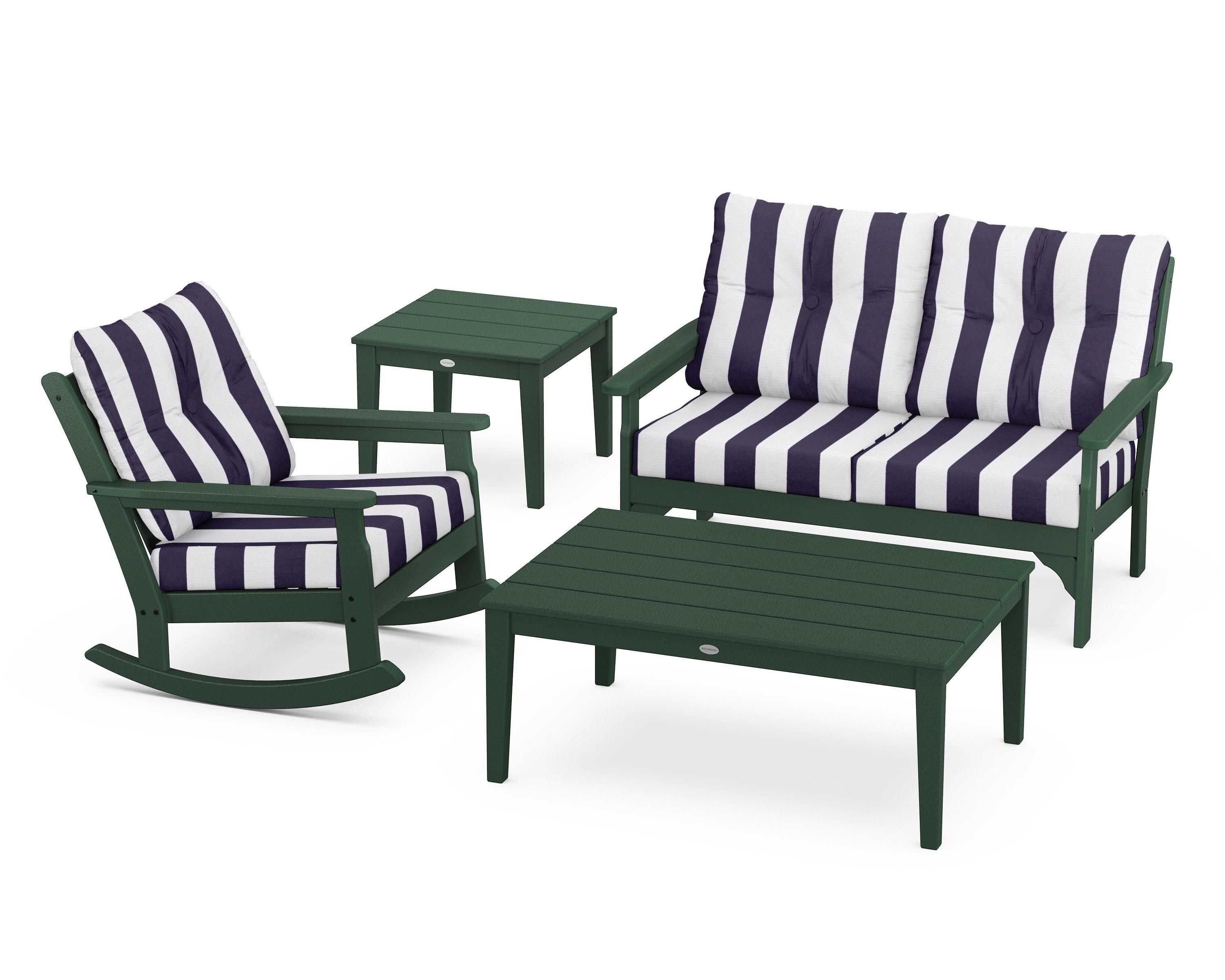POLYWOOD® Vineyard 4-Piece Deep Seating Rocker Set in Green / Cabana Stripe Navy