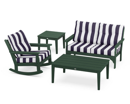POLYWOOD® Vineyard 4-Piece Deep Seating Rocker Set in Green / Cabana Stripe Navy