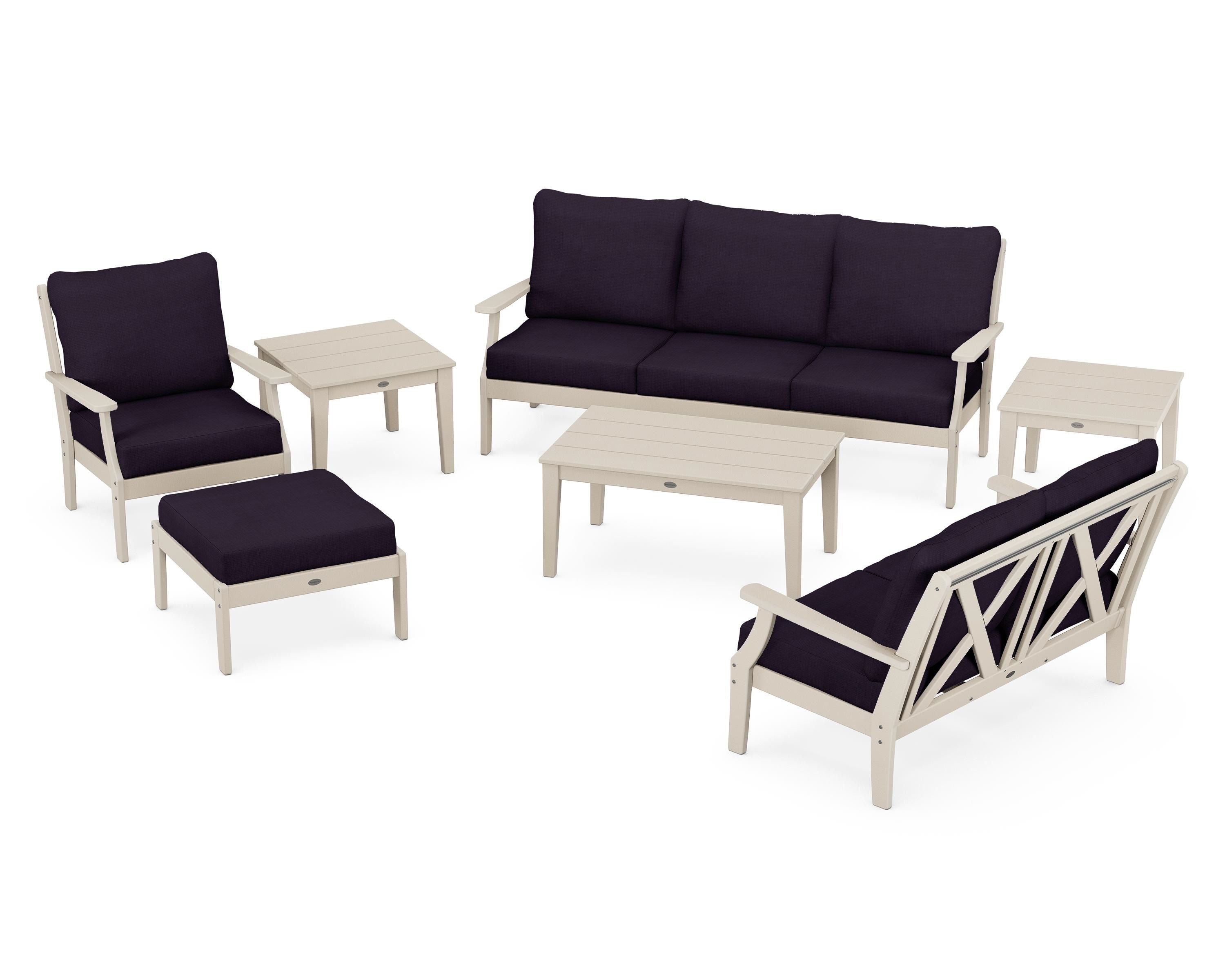 POLYWOOD® Braxton 7-Piece Deep Seating Set in Sand / Navy Linen