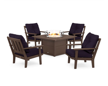 POLYWOOD® Oxford 5-Piece Deep Seating Set with Fire Pit Table in Mahogany / Navy Linen