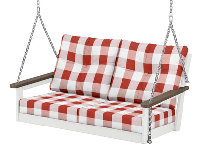 POLYWOOD® Vineyard Deep Seating Swing in White / Kona / Buffalo Plaid Crimson
