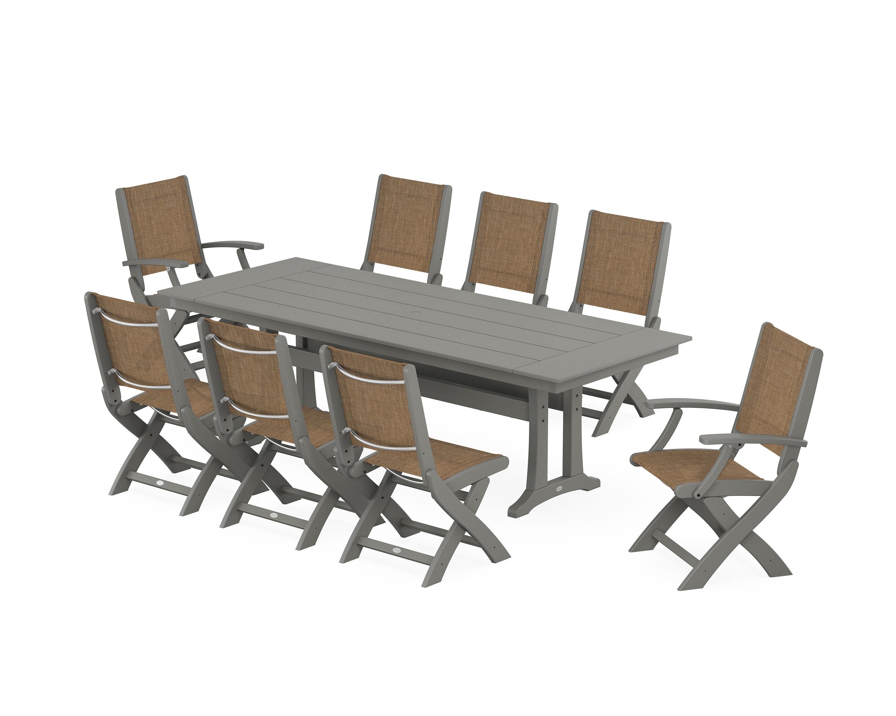 POLYWOOD® Coastal 9-Piece Folding Dining Chair Farmhouse Dining Set with Trestle Legs in Slate Grey / Burlap Sling