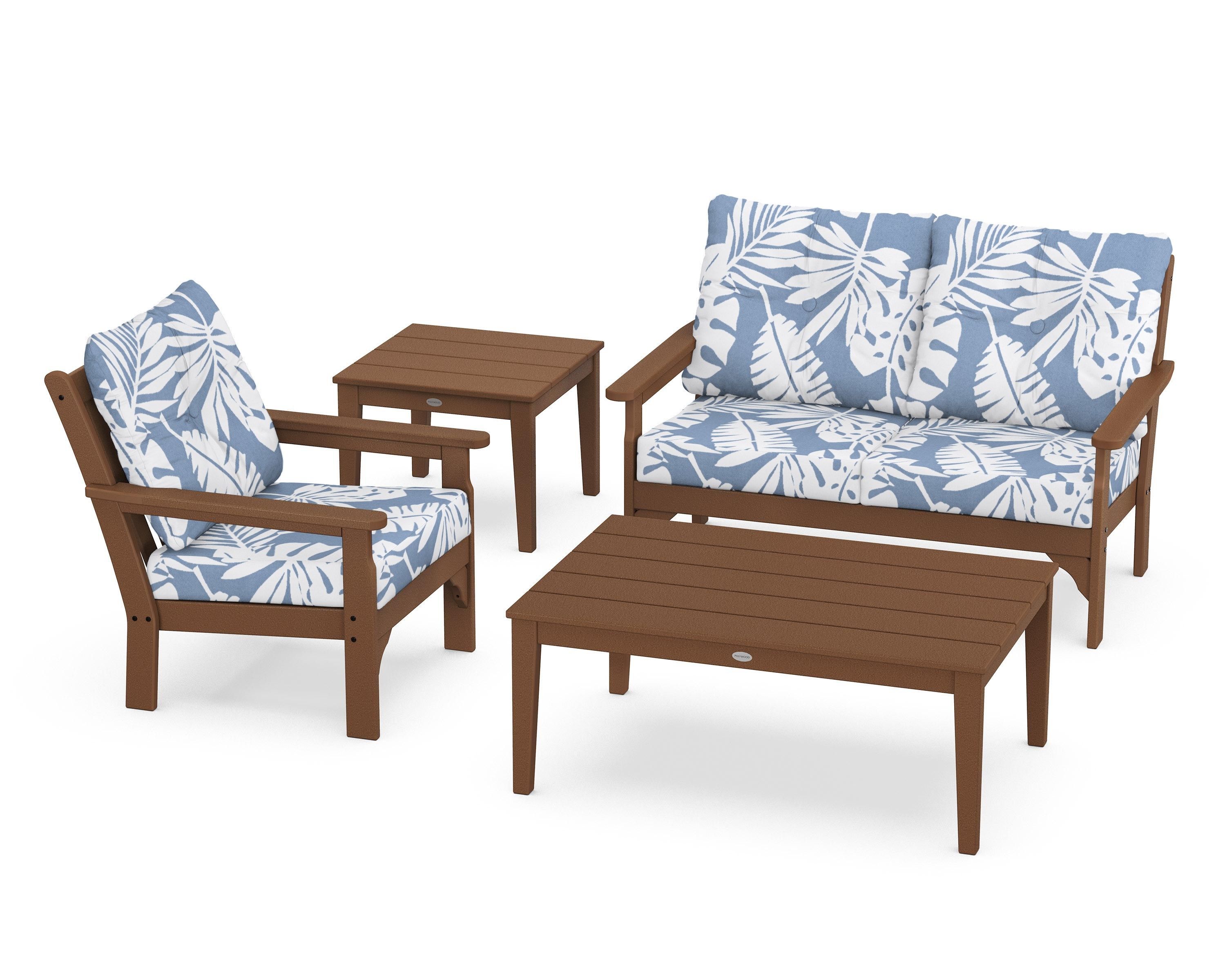 POLYWOOD® Vineyard 4-Piece Deep Seating Set in Teak / Leaf Sky Blue