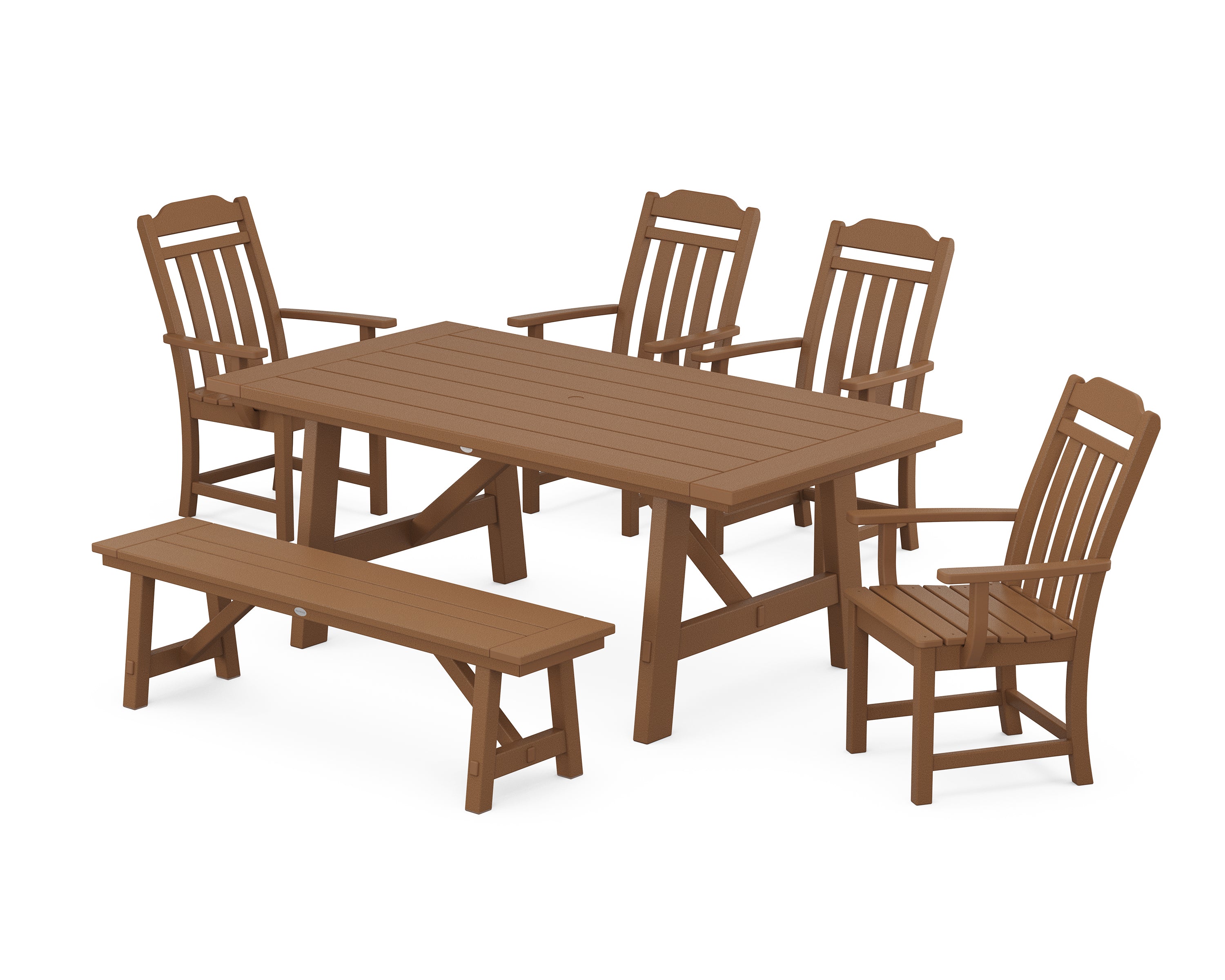 Country Living Cottage 6-Piece Rustic Farmhouse Dining Set with Bench in Teak