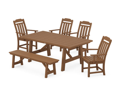 Country Living Cottage 6-Piece Rustic Farmhouse Dining Set with Bench in Teak