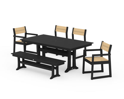 POLYWOOD® EDGE Sling 6-Piece Farmhouse Dining Set With Trestle Legs in Black / Dupioni Apricot Sling