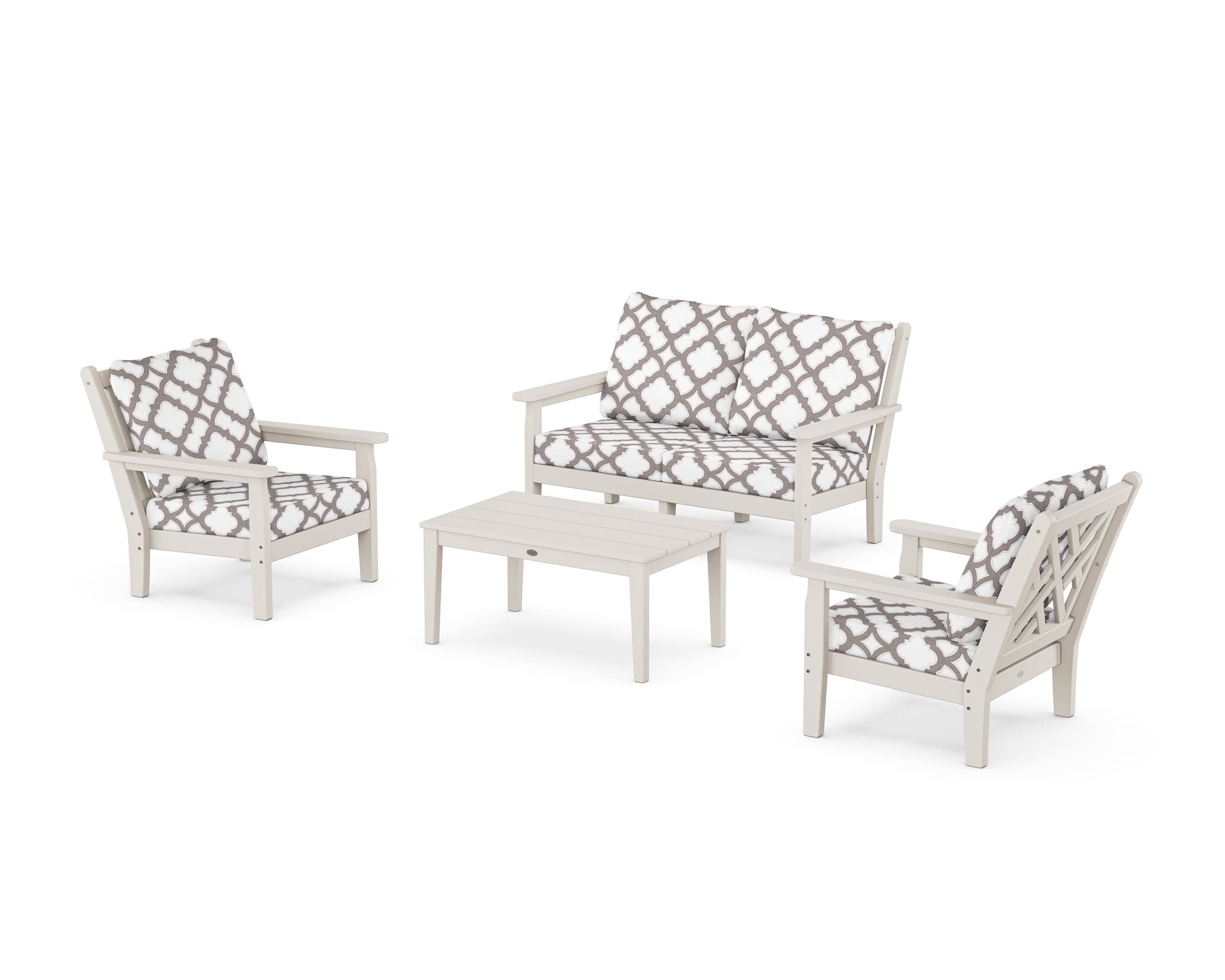POLYWOOD® Chippendale 4-Piece Deep Seating Set with Loveseat in Sand / Trellis Grey Mist