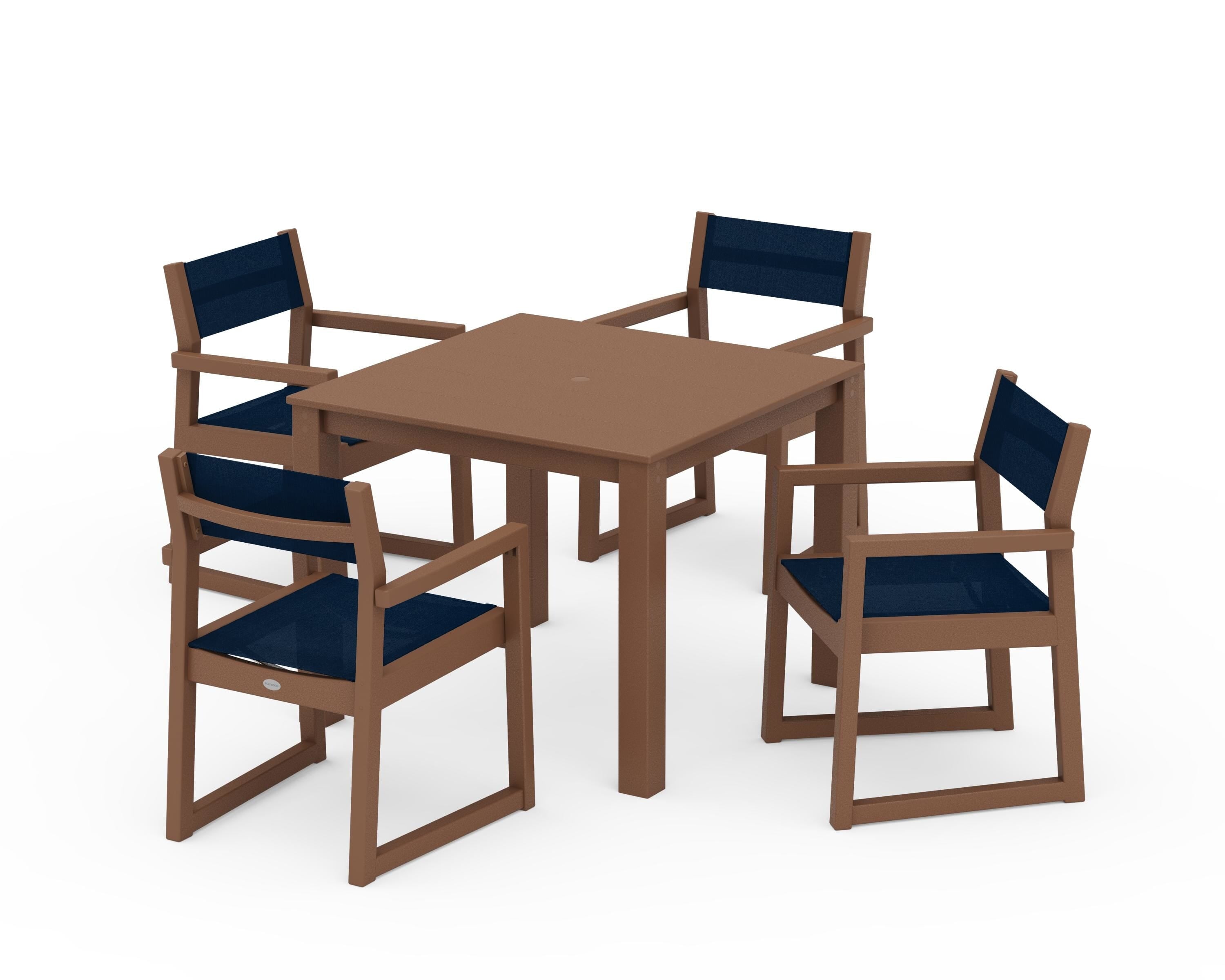 POLYWOOD® EDGE Sling Arm Chair 5-Piece Parsons Dining Set in Teak / Navy Blue Sling