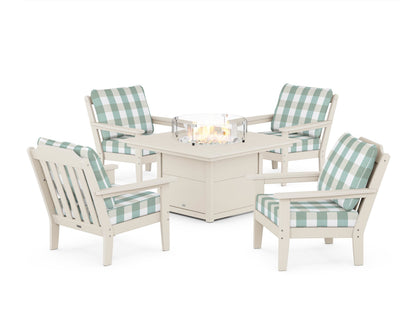 Country Living Cottage 5-Piece Deep Seating Set with Fire Pit Table in Sand / Buffalo Plaid Glacier Spa