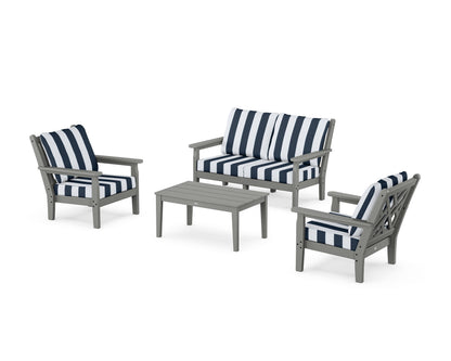 POLYWOOD® Chippendale 4-Piece Deep Seating Set with Loveseat in Slate Grey / Cabana Stripe Marine Indigo