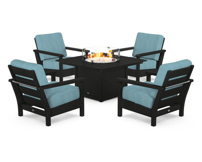 POLYWOOD® Harbour 5-Piece Conversation Set with Fire Pit Table in Black / Lattice Sky Blue