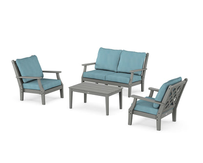 Country Living Wovendale 4-Piece Deep Seating Set with Loveseat in Slate Grey / Lattice Sky Blue