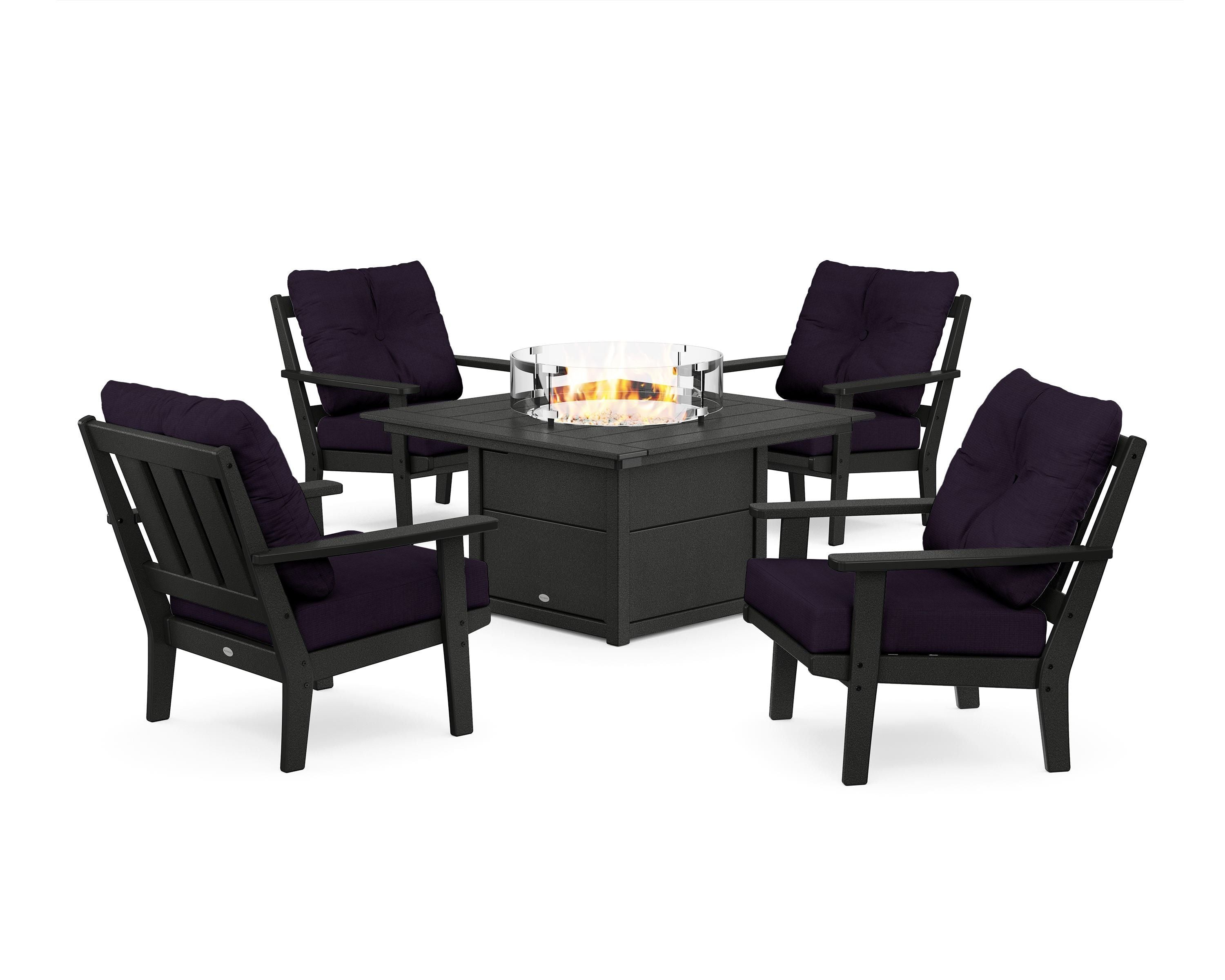POLYWOOD® Oxford 5-Piece Deep Seating Set with Fire Pit Table in Black / Navy Linen