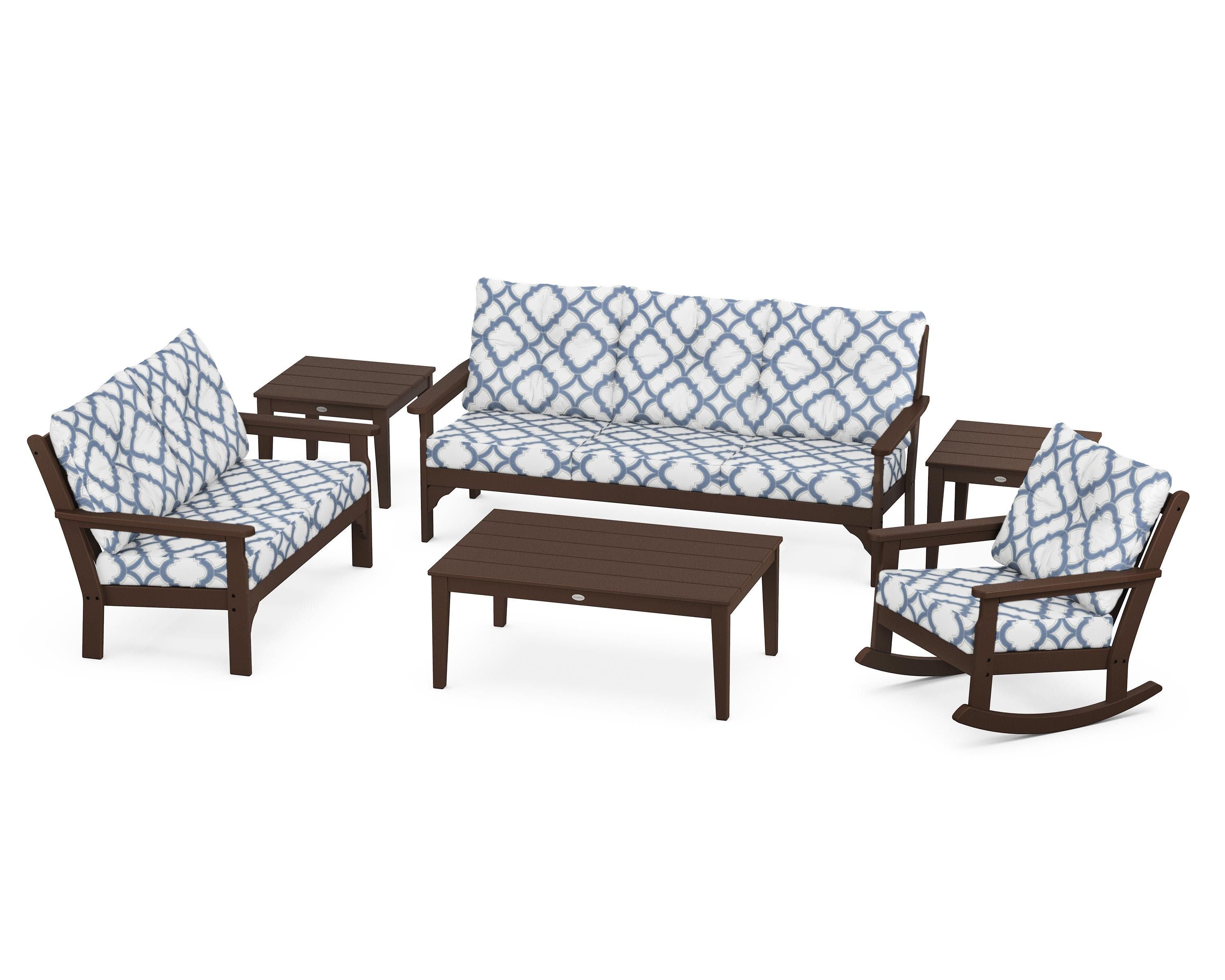 POLYWOOD® Vineyard 6-Piece Deep Seating Set in Mahogany / Trellis Sky Blue