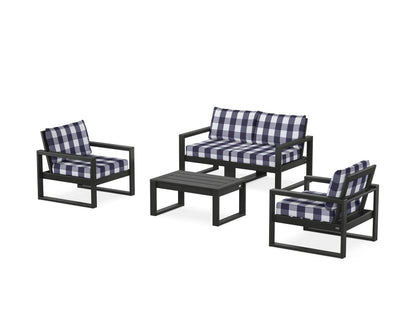 POLYWOOD® EDGE Sectional 4-Piece Deep Seating Set with Loveseat in Black / Buffalo Plaid Navy