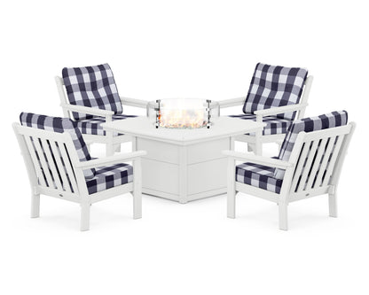 POLYWOOD® Vineyard 5-Piece Conversation Set with Fire Pit Table in White / Buffalo Plaid Navy
