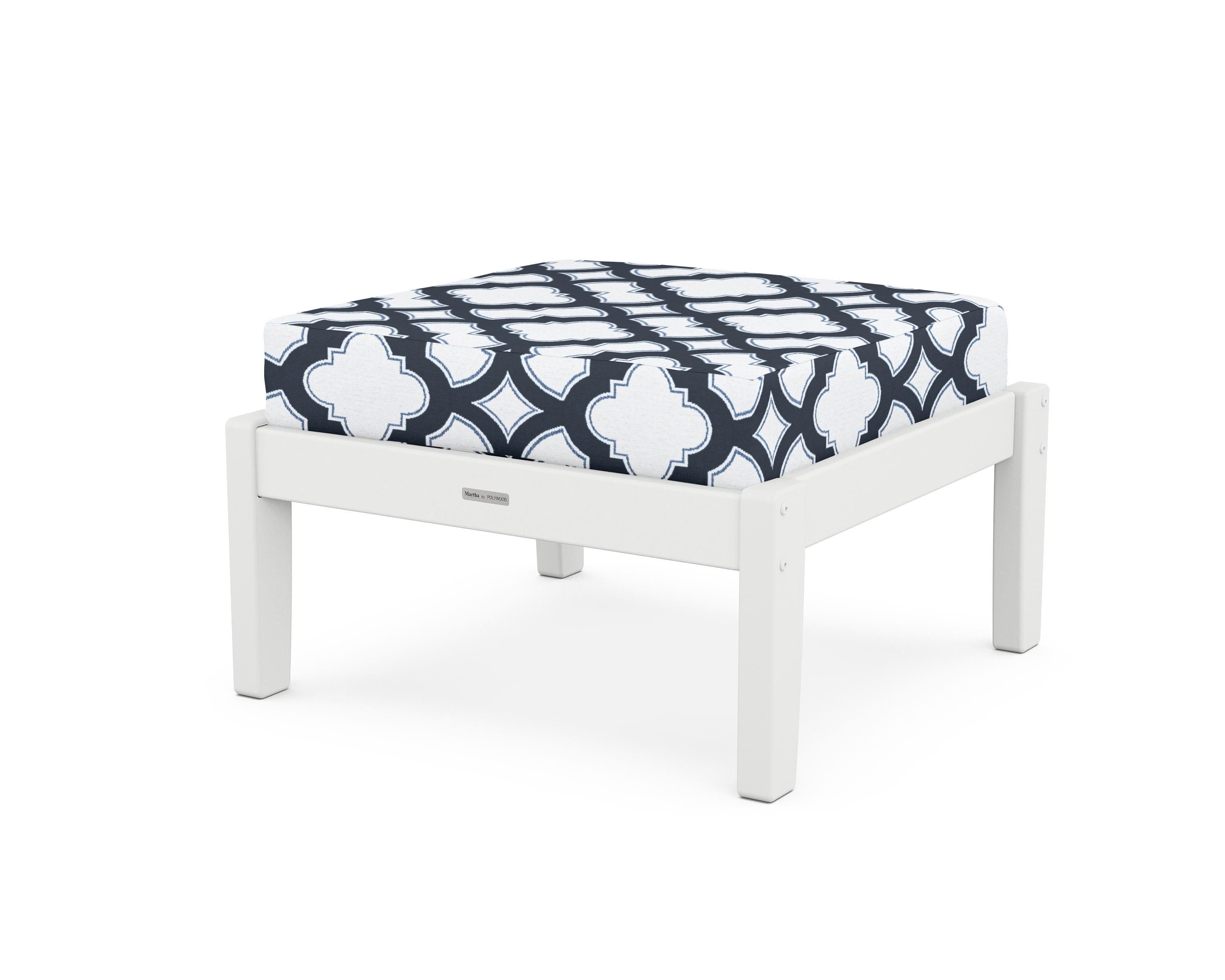 Martha Stewart by POLYWOOD® Chinoiserie Deep Seating Ottoman in White / Trellis Marine Indigo