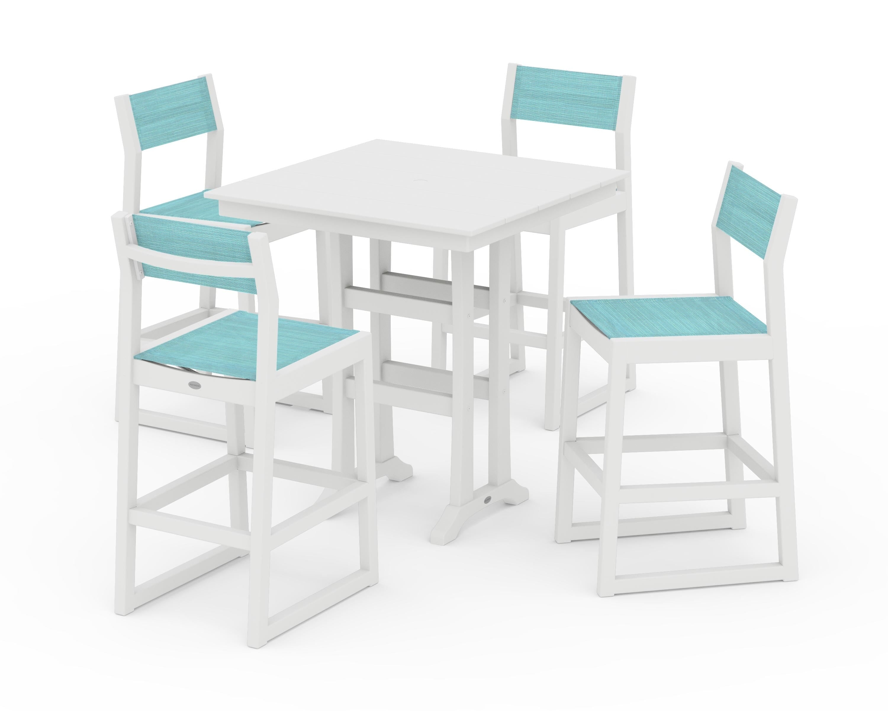 POLYWOOD® EDGE Sling Arm Chair 5-Piece Farmhouse Bar Set with Trestle Legs in White / Dupioni Aquamarine Sling