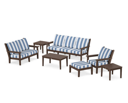 POLYWOOD® Chippendale 7-Piece Deep Seating Set in Mahogany / Cabana Stripe Sky Blue