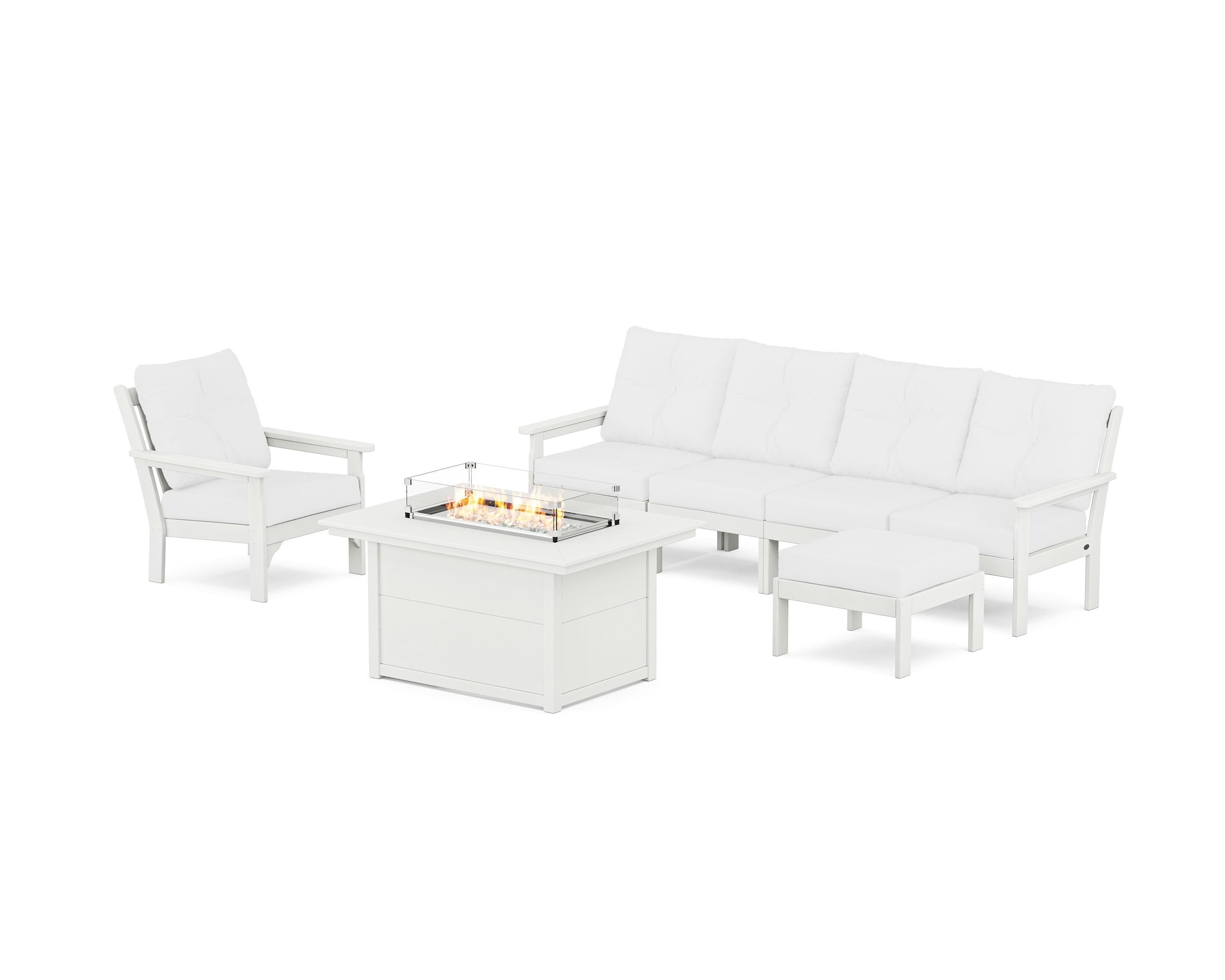 POLYWOOD® Vineyard Sectional Lounge and Fire Pit Set in Vintage White / Natural
