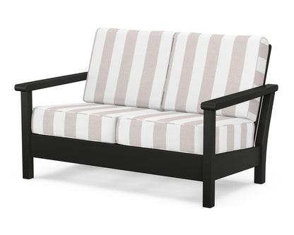 POLYWOOD® Harbour Deep Seating Loveseat in Black / Cabana Stripe Dune Burlap