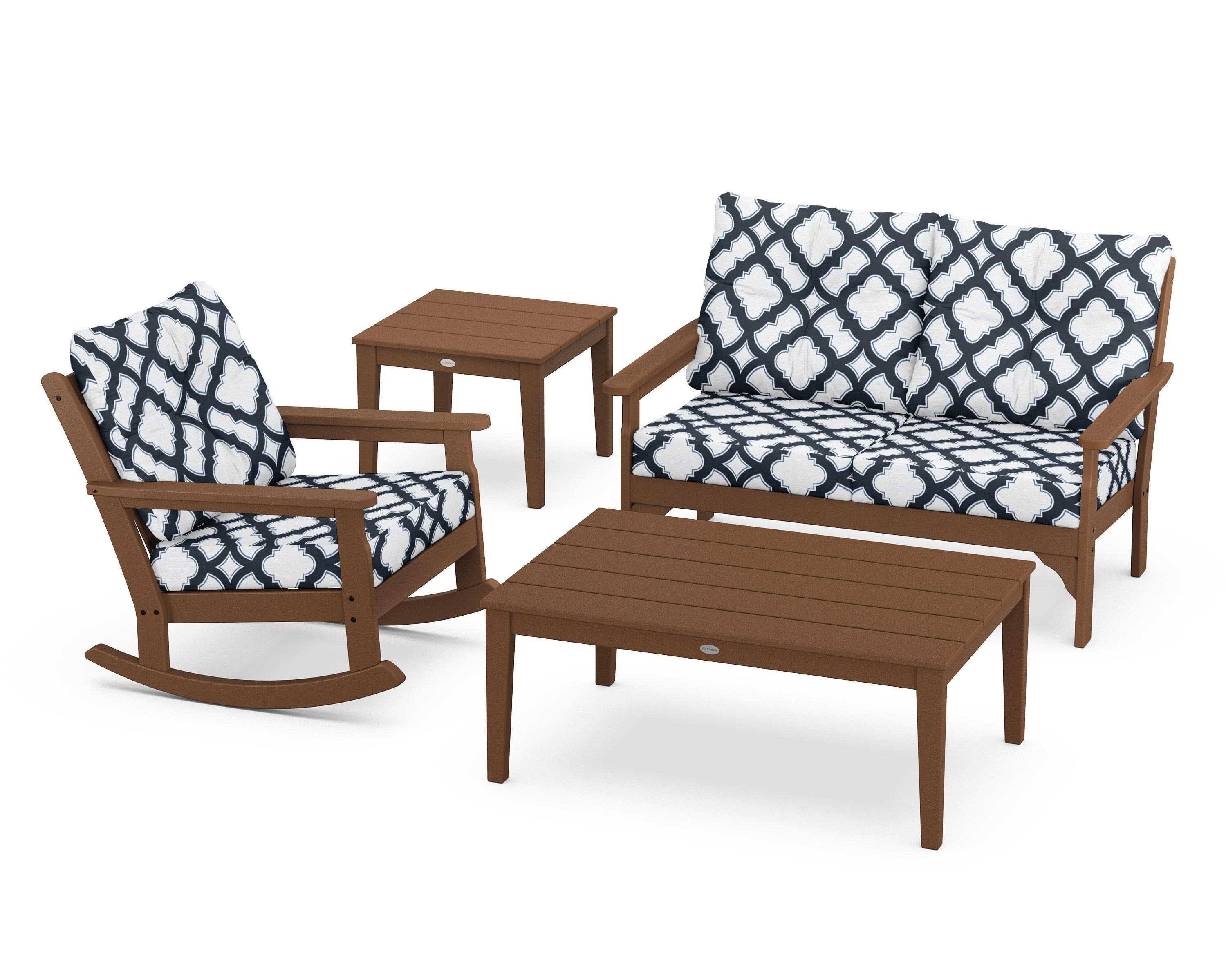 POLYWOOD® Vineyard 4-Piece Deep Seating Rocker Set in Teak / Trellis Marine Indigo