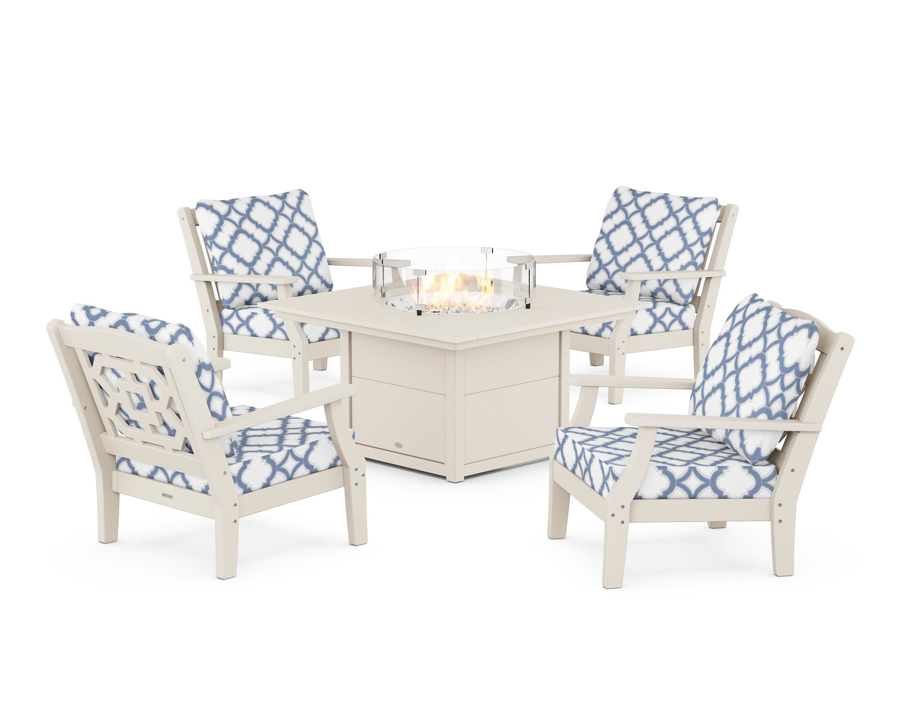Martha Stewart by POLYWOOD® Chinoiserie 5-Piece Deep Seating Set with Fire Pit Table in Sand / Trellis Sky Blue