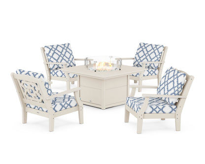 Martha Stewart by POLYWOOD® Chinoiserie 5-Piece Deep Seating Set with Fire Pit Table in Sand / Trellis Sky Blue