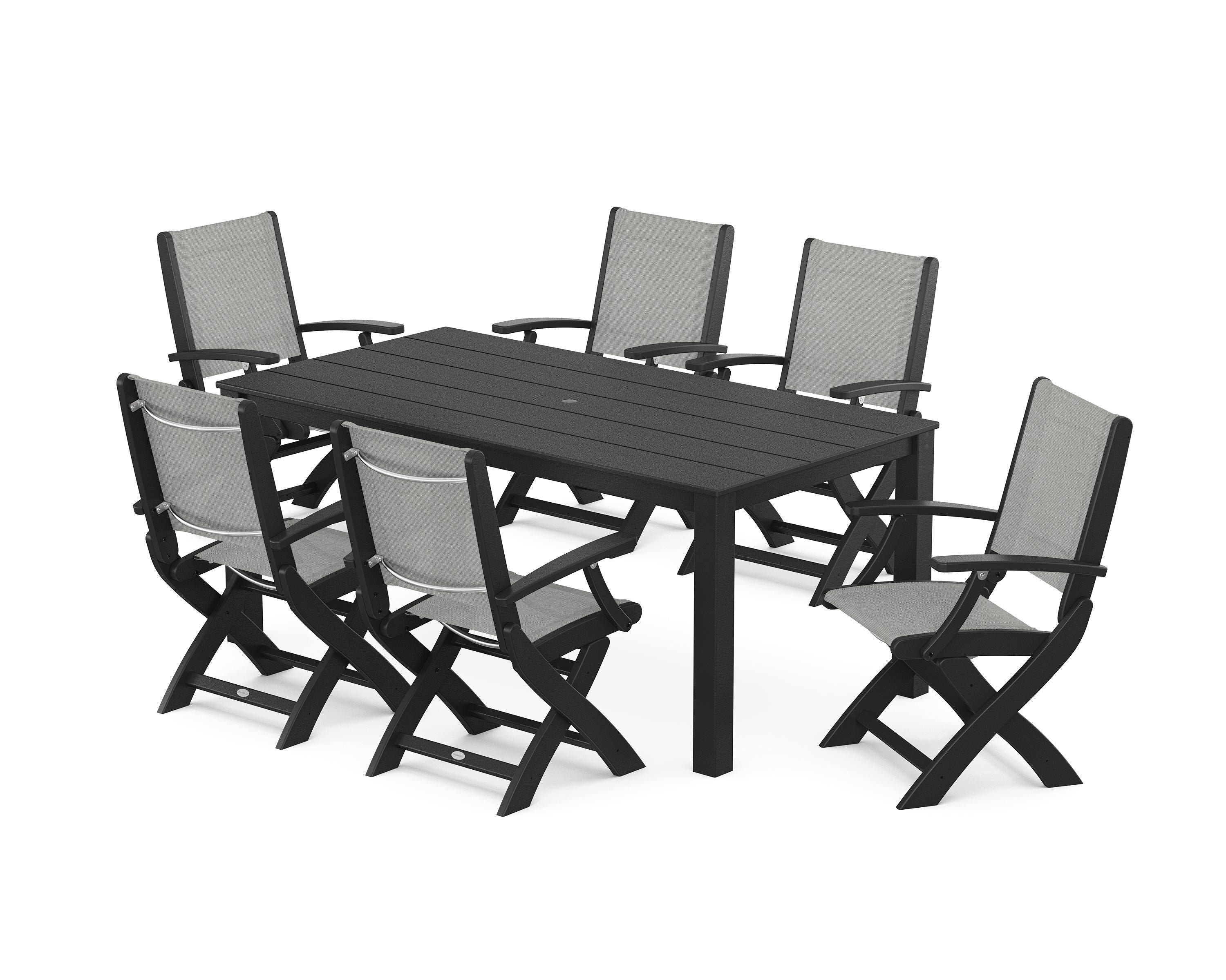 POLYWOOD® Coastal Folding Chair 7-Piece Parsons Dining Set in Black / Metallic Sling