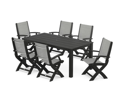 POLYWOOD® Coastal Folding Chair 7-Piece Parsons Dining Set in Black / Metallic Sling