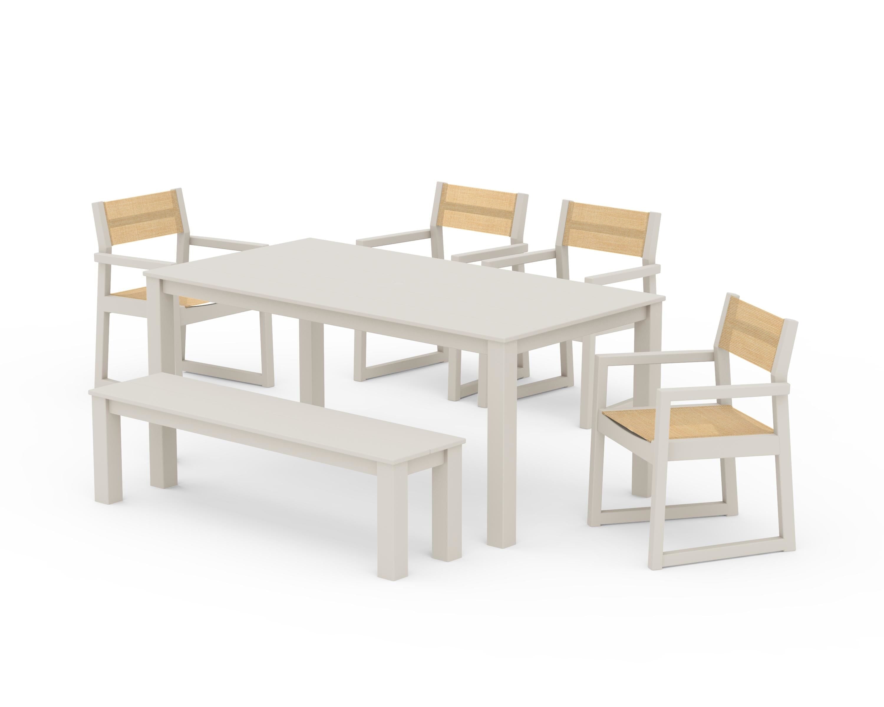 POLYWOOD® EDGE Sling Arm Chair 6-Piece Parsons Dining Set with Bench in Sand / Dupioni Apricot Sling