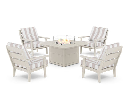 POLYWOOD® Lakeside 5-Piece Deep Seating Set with Nautical Fire Pit Table in Sand / Cabana Stripe Dune Burlap