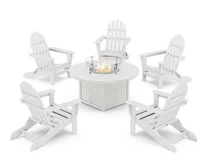 POLYWOOD® Classic Folding Adirondack 6-Piece Conversation Set with Fire Pit Table in White