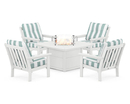 POLYWOOD® Vineyard 5-Piece Conversation Set with Fire Pit Table in White / Cabana Stripe Glacier Spa