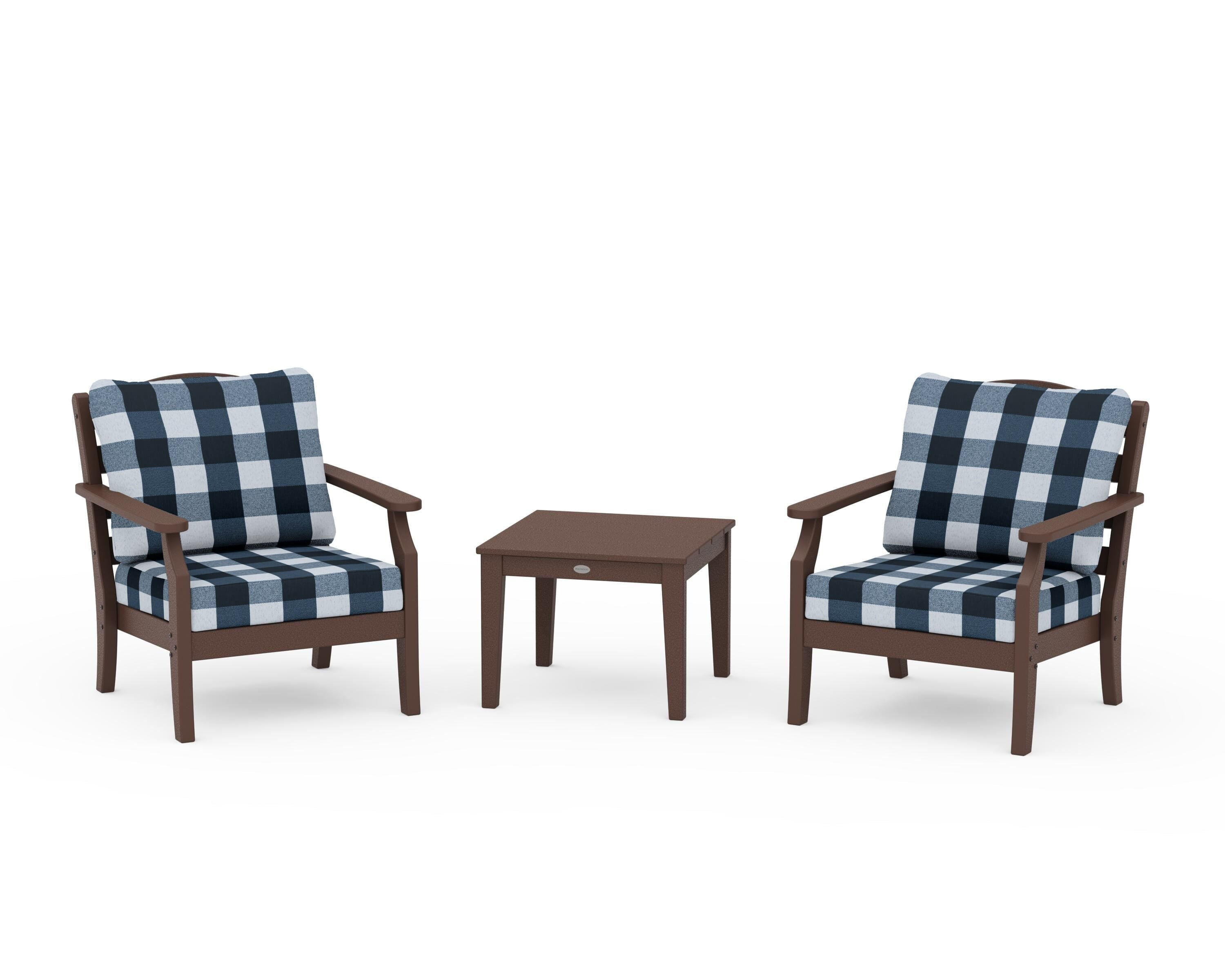 Draper James™ by  POLYWOOD® Savannah 3-Piece Deep Seating Set in Mahogany / Buffalo Plaid Marine Indigo