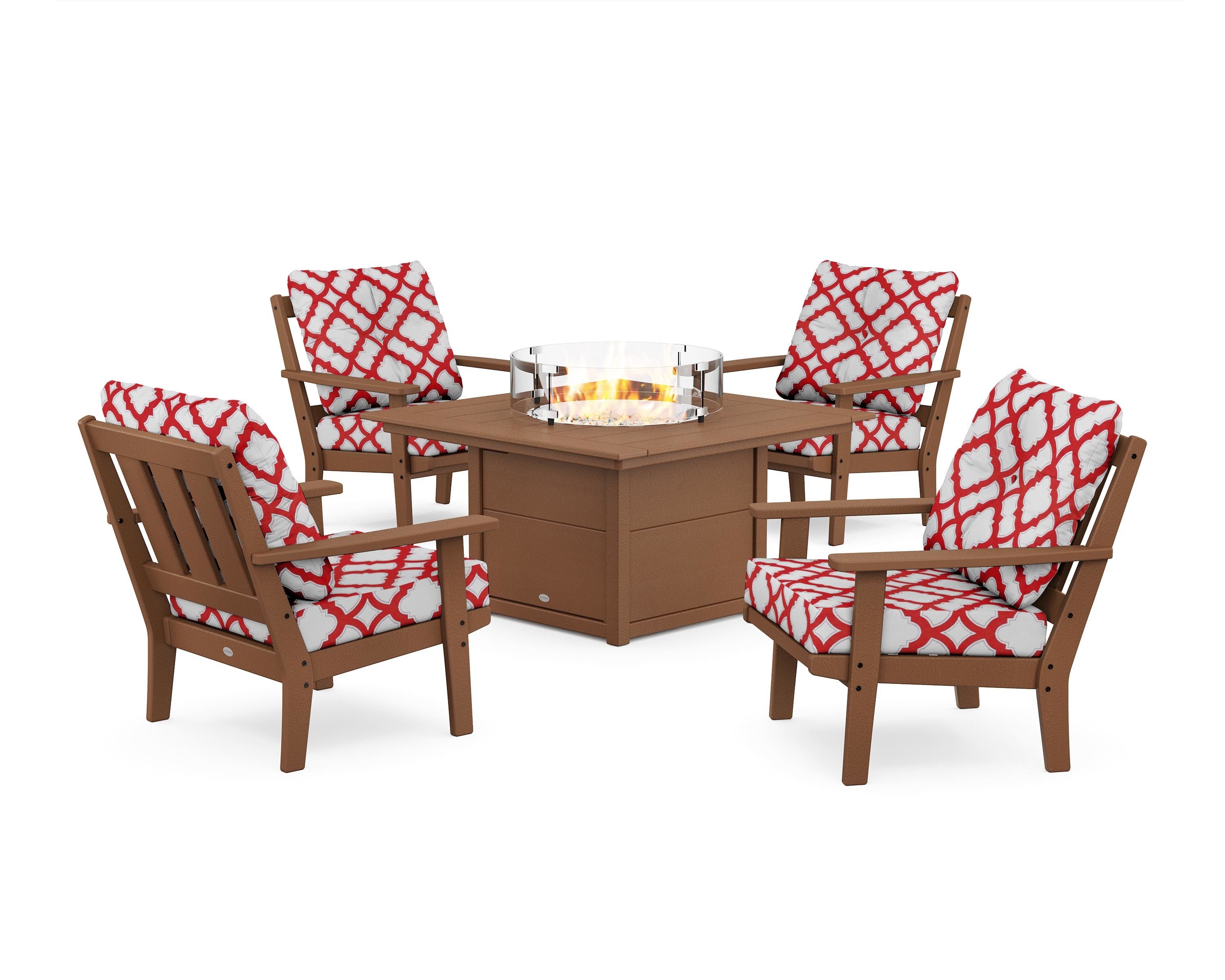 POLYWOOD® Oxford 5-Piece Deep Seating Set with Fire Pit Table in Teak / Trellis Crimson